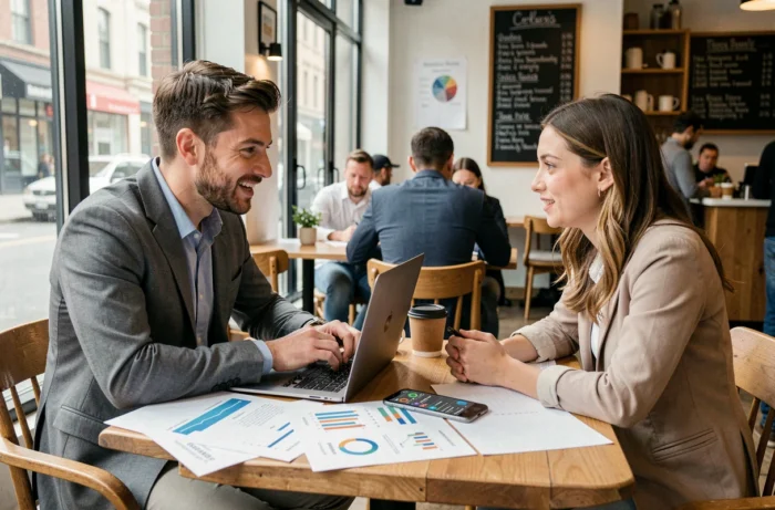 Deux entrepreneurs en réunion dans un café discutant de la simplification de leur écosystème web grâce à des outils numériques adaptés