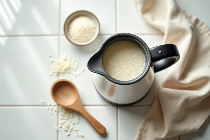 Vue de dessus d'une bouilloire électrique remplie de riz et d'eau avec des ustensiles de cuisine sur fond blanc