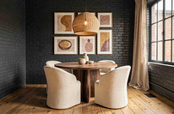 Salle à manger tendance avec table en noyer, chaises bouclé ivoire et mur en brique peinte charbon, inspiration décoration intérieur