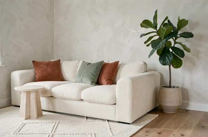 Salon scandinave contemporain avec canapé bouclé crème, coussins terracotta et plante tropicale, tendances décoration intérieur 2024