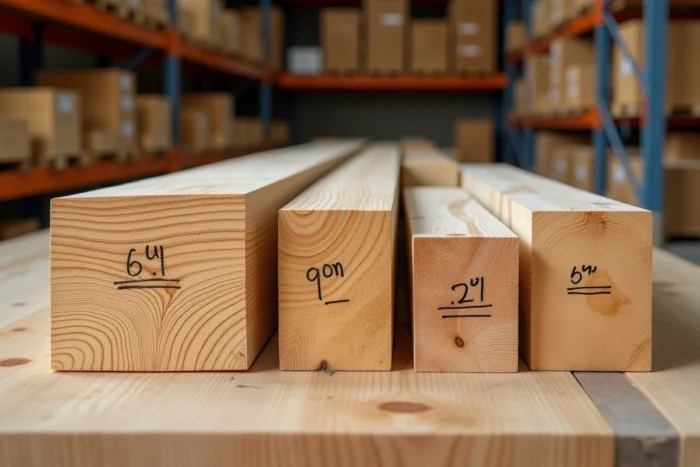 Sections transversales de poutres en bois de différentes dimensions comparées sur un établi pour choisir le bon profil pour une portée de 6 mètres