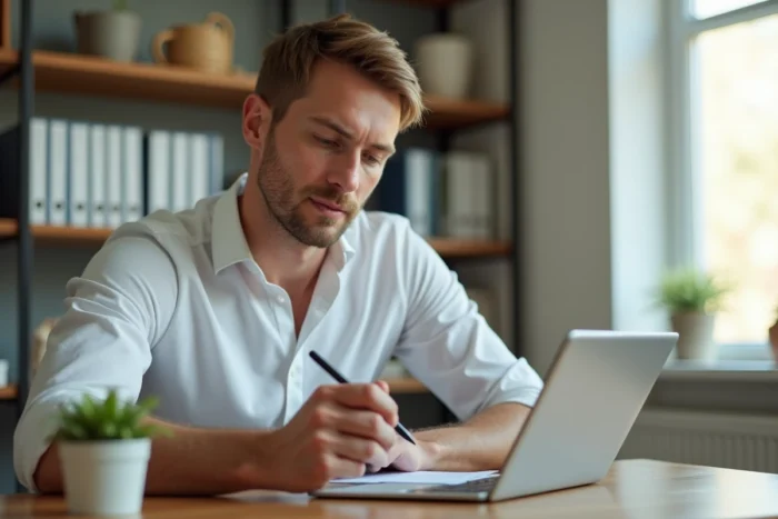 Entrepreneur signant un devis digital sur tablette depuis son bureau à domicile