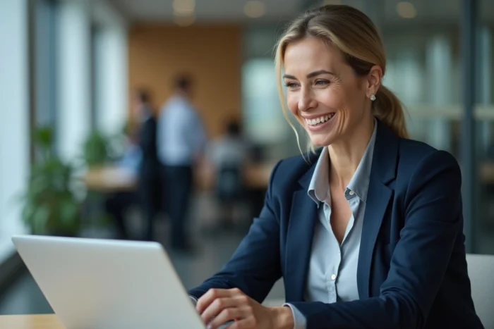 Femme professionnelle signant un devis en ligne sur un ordinateur portable dans un bureau moderne