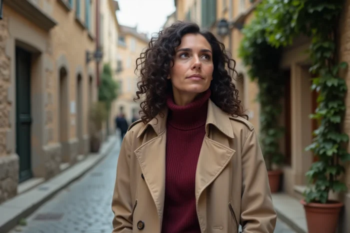 Femme au parcours inspirant se promenant dans une rue pavée d'un village français historique en manteau beige