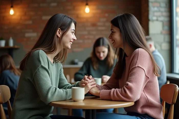 Deux femmes partageant un moment de soutien émotionnel dans un café chaleureux, évoquant l'importance du lien social pour surmonter une blessure intérieure