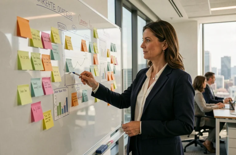 Femme professionnelle présentant une stratégie marketing B2B sur un tableau blanc dans un bureau moderne