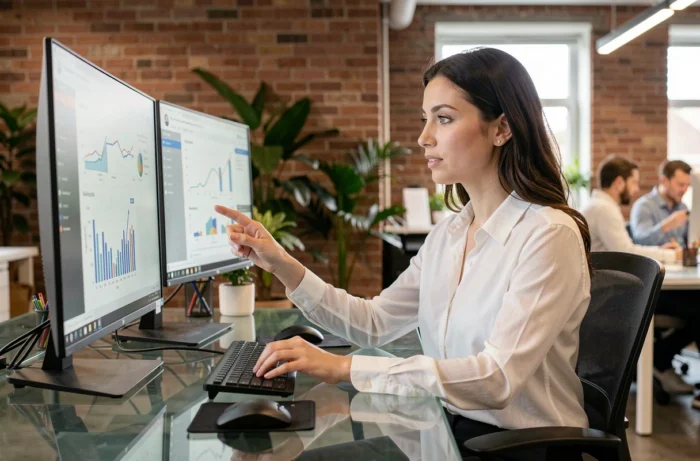 Femme analyste webmarketing devant des tableaux de bord analytics dans un bureau moderne