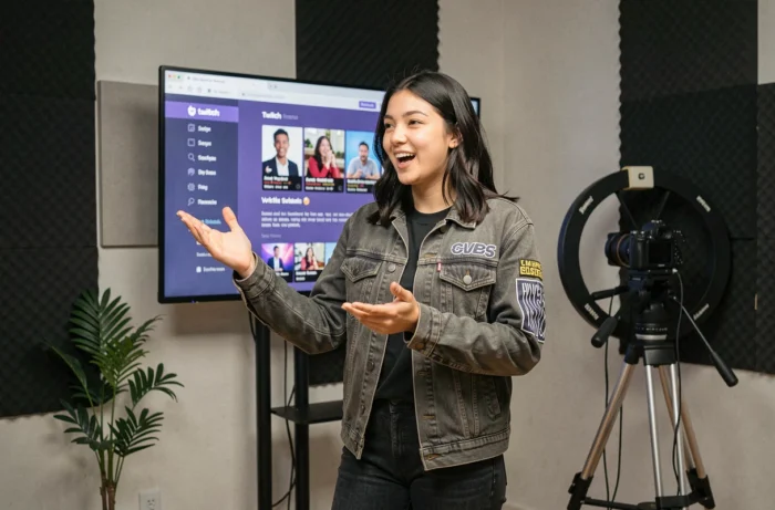Streameuse Twitch passionnée présentant sa chaîne devant un grand écran dans une salle de production audiovisuelle