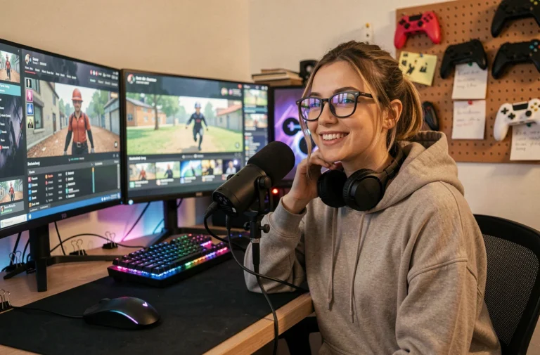 Streameuse jeune femme souriante devant son setup de streaming Twitch avec microphone et double écran dans un home studio coloré