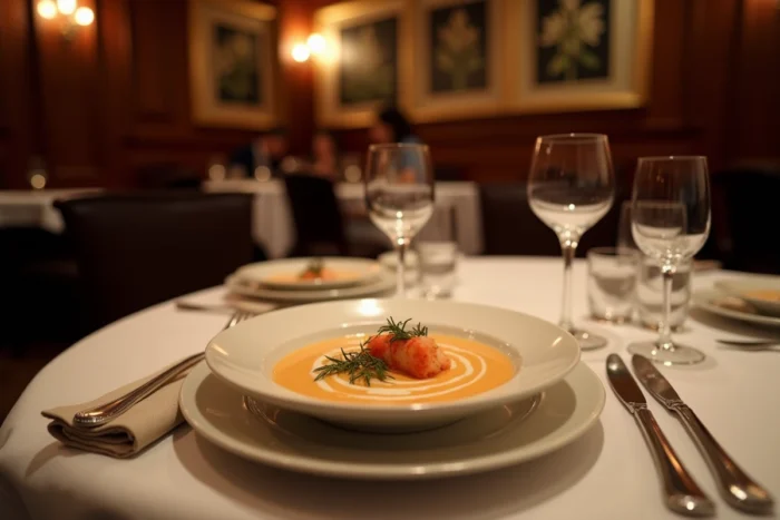 Table gastronomique élégante avec une entrée de homard dans un restaurant français classique