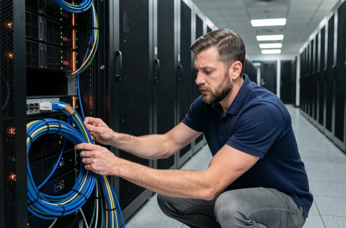 Technicien inspectant des câbles ethernet dans un couloir de centre de données