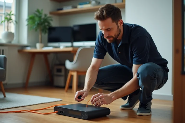 Technicien inspectant un câble fibre optique orange connecté à un routeur moderne dans un bureau à domicile contemporain