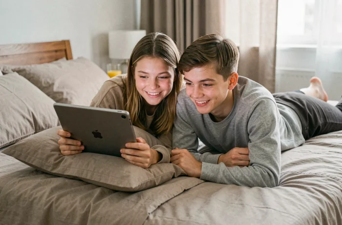Deux adolescents regardant un film en streaming sur une tablette allongés sur un lit