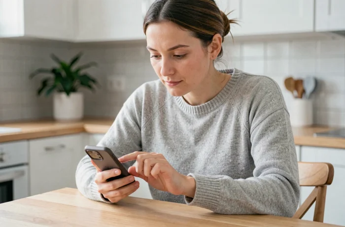 Femme téléchargeant une application mobile sur son smartphone dans une cuisine moderne