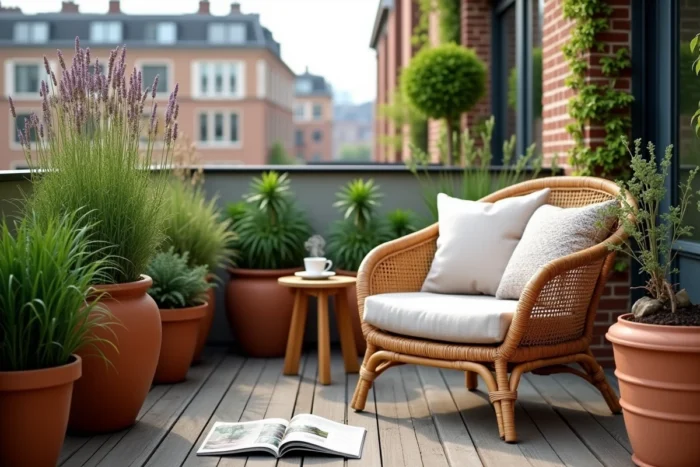 Terrasse moderne décorée avec des pots en terre cuite, plantes ornementales et mobilier en rotin tendance pour la nouvelle saison
