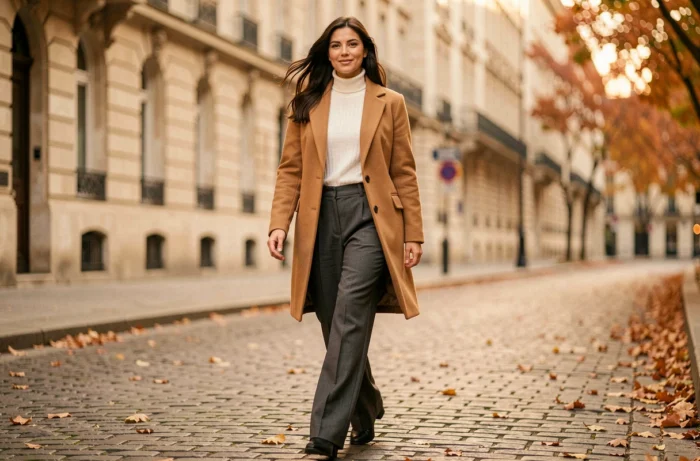 Femme élégante portant un manteau camel et un pantalon large gris dans une rue pavée parisienne en automne, illustrant les tendances mode de la saison