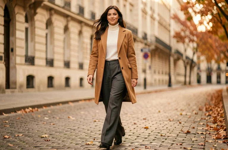 Femme élégante portant un manteau camel et un pantalon large gris dans une rue pavée parisienne en automne, illustrant les tendances mode de la saison