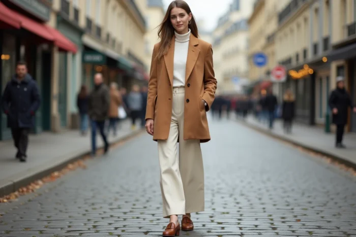 Femme élégante portant un blazer camel oversize et un pantalon large crème dans une rue pavée parisienne en automne, style tendance saison