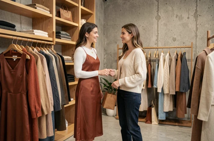 Deux femmes aux styles complémentaires choisissant des vêtements tendance dans une boutique de mode haut de gamme au design épuré et moderne