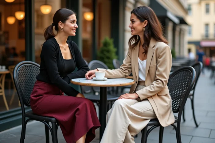 Deux femmes élégantes attablées à une terrasse de café parisien portant des tenues tendance contrastées, jupe midi bordeaux et ensemble monochrome beige