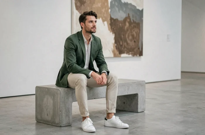 Homme stylé en blazer vert et chino écru assis dans une galerie d'art contemporaine, incarnant une tendance mode masculine élégante et moderne