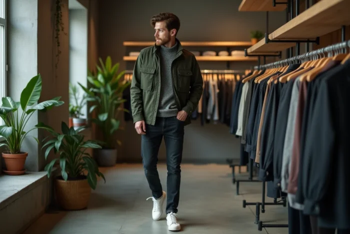 Homme en veste utilitaire verte et jean slim dans un concept store tendance avec murs en béton et mobilier bois, mode masculine saison