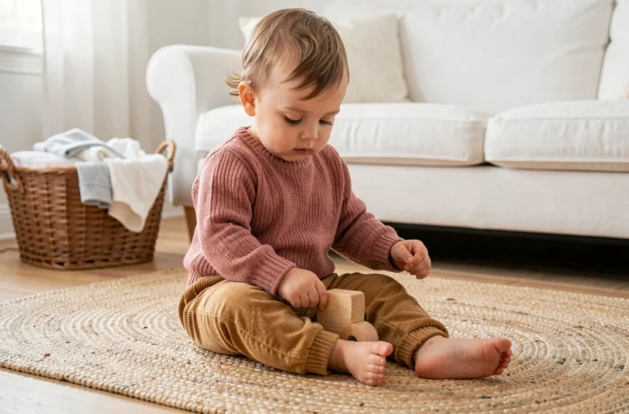 Tout-petit habillé d'un pull en maille rose et d'un pantalon en velours camel jouant sur un tapis en laine dans un salon scandinave