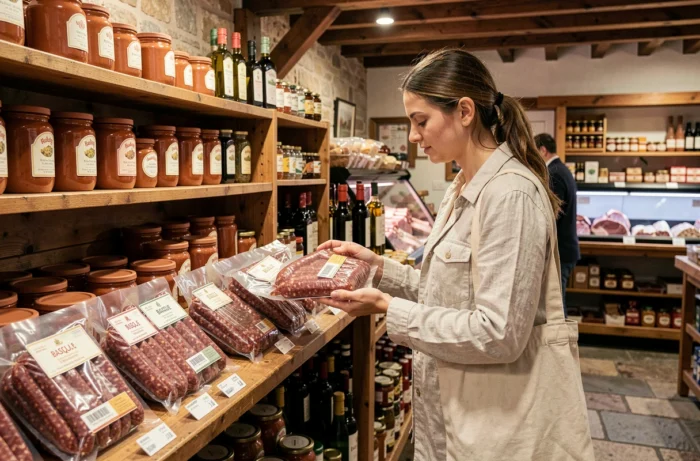 Touriste parcourant les rayons de charcuteries et produits régionaux basques dans une épicerie-boucherie à Dancharia