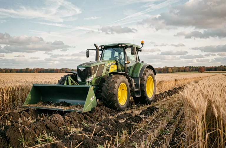 Tracteur agricole moderne avec chargeur frontal stationné en bordure d'un champ labouré en automne, illustrant les dernières innovations du machinisme agricole