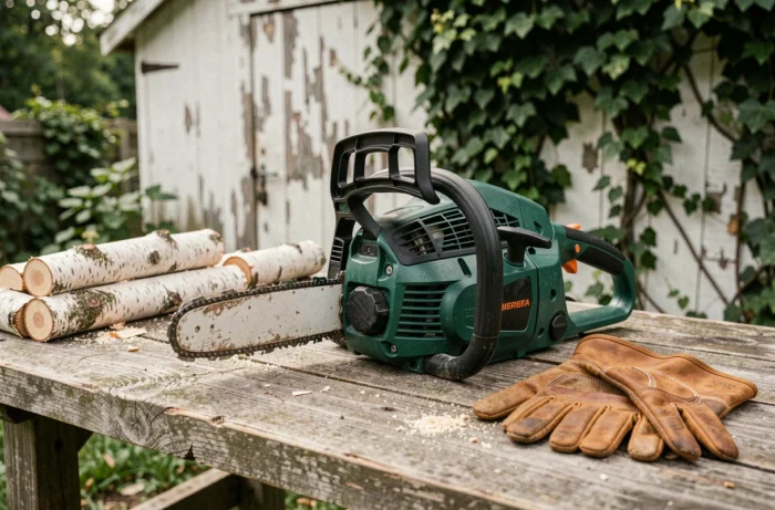 Tronçonneuse sans fil Black+Decker posée sur un établi en bois entourée de bûches et de sciure