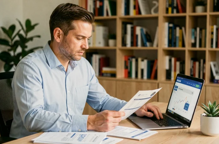 Un homme analyse ses documents financiers et simule un prêt immobilier sur ordinateur pour vérifier son profil emprunteur