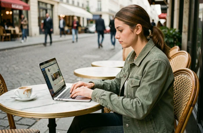 Jeune femme travaillant sur une stratégie webmarketing depuis un café en terrasse à Paris